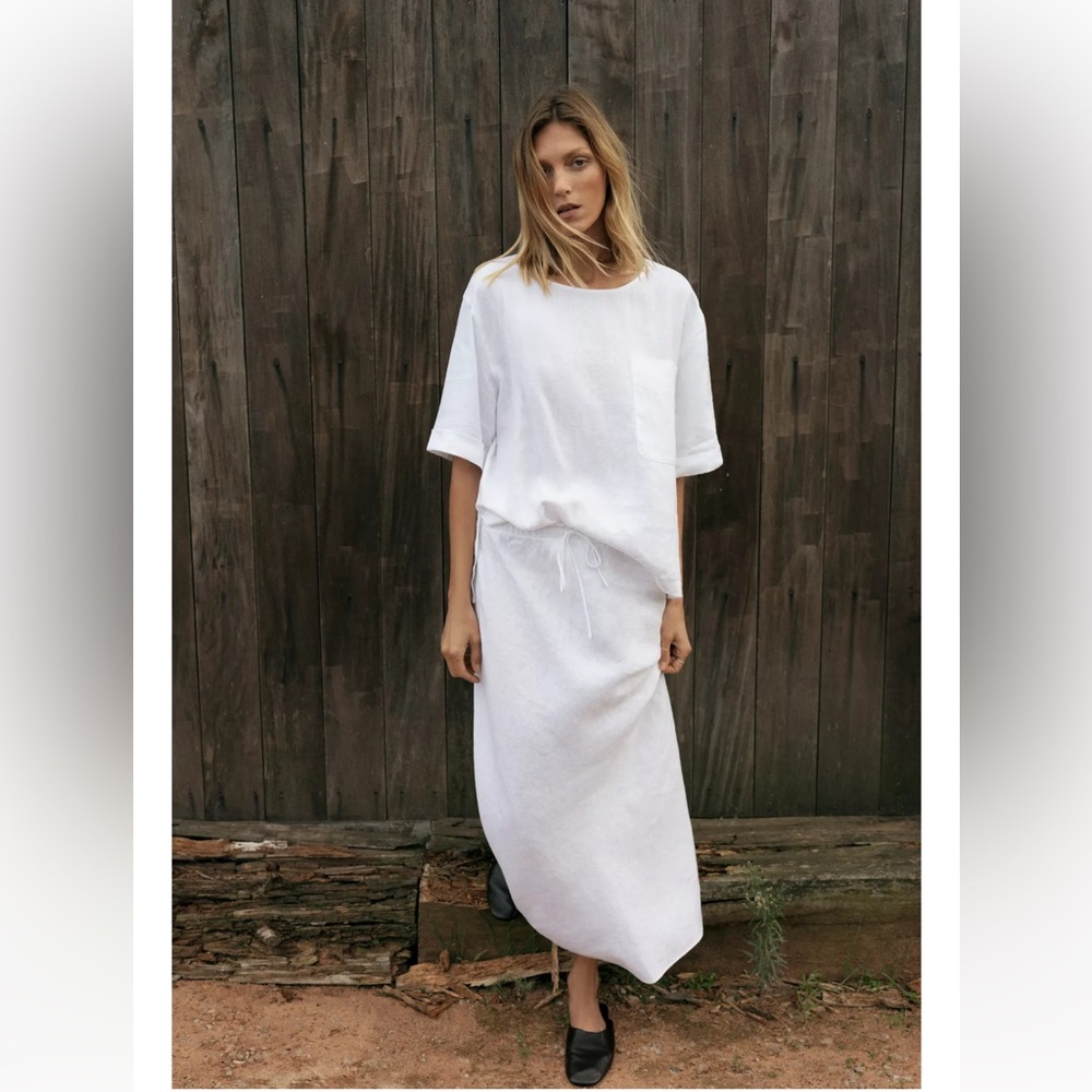 NWT ZARA ZW Collection 100% linen Blouse & Midi  Skirt Size Xs